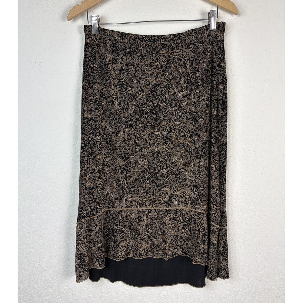 Vtg Susan Lawrence L Midi Skirt Whimsigoth Floral paisley Pull On Brown 90s